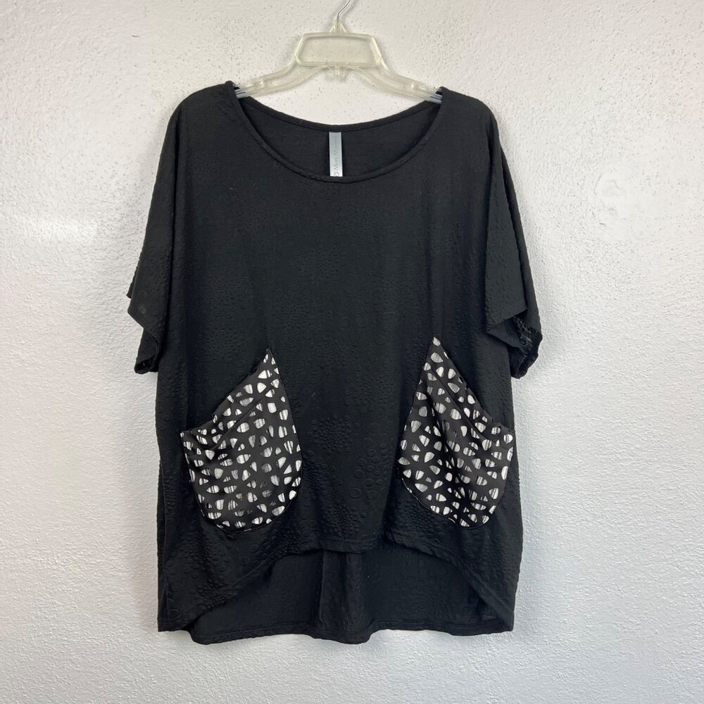 Matti Mamane Women's Black Short Sleeve Lagenlook Pocket Detail Blouse Size L